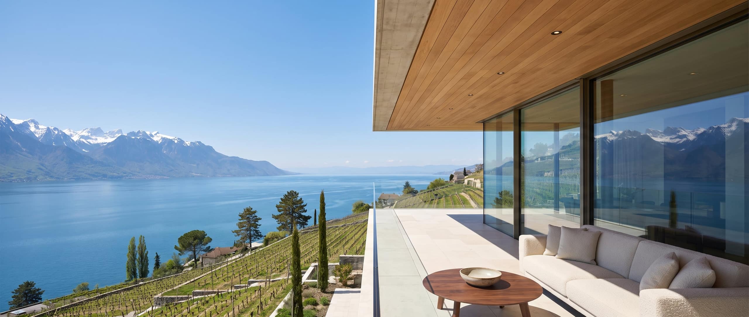 Terrasse contemporaine en Lavaux face au lac Léman et aux Alpes enneigées
