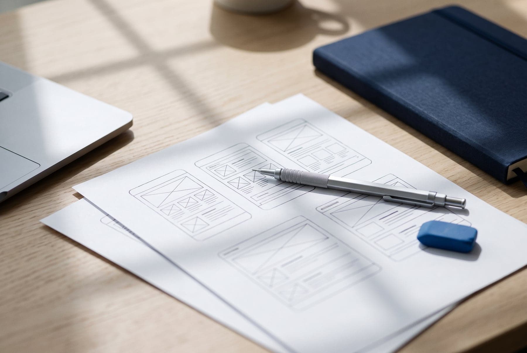 Maquettes d’interfaces imprimées, critérium et carnet sur un bureau en chêne