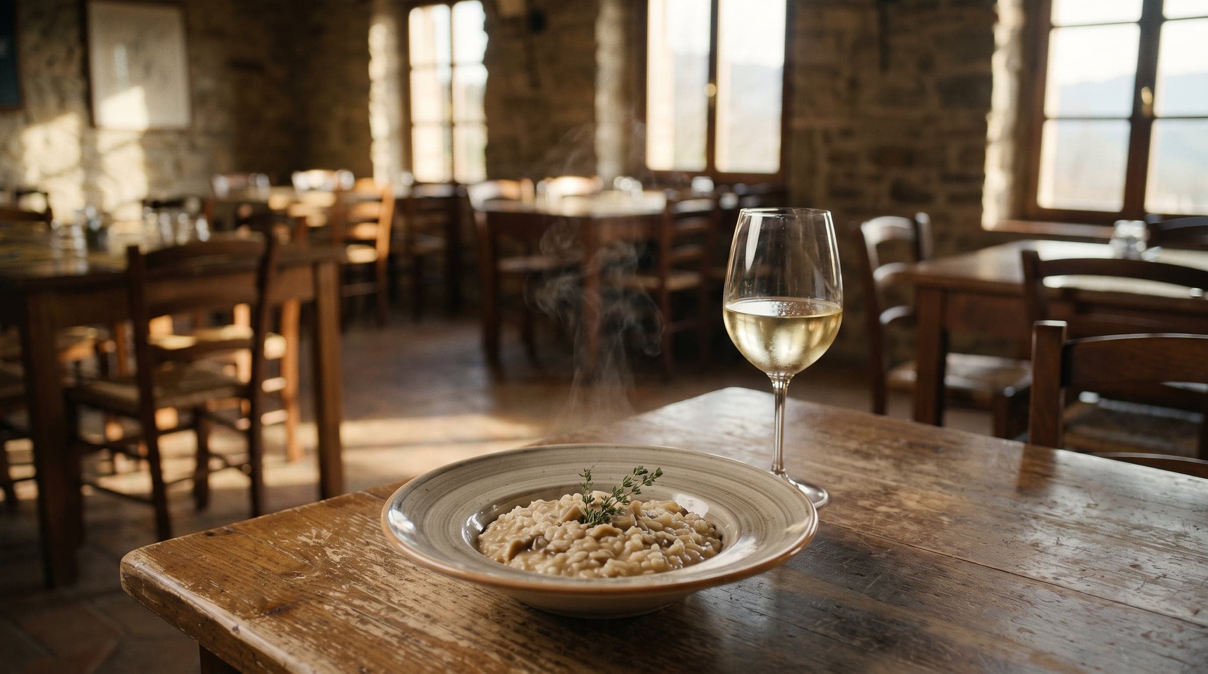 Assiette de risotto aux cèpes et verre de vin blanc dans une salle de restaurant chaleureuse