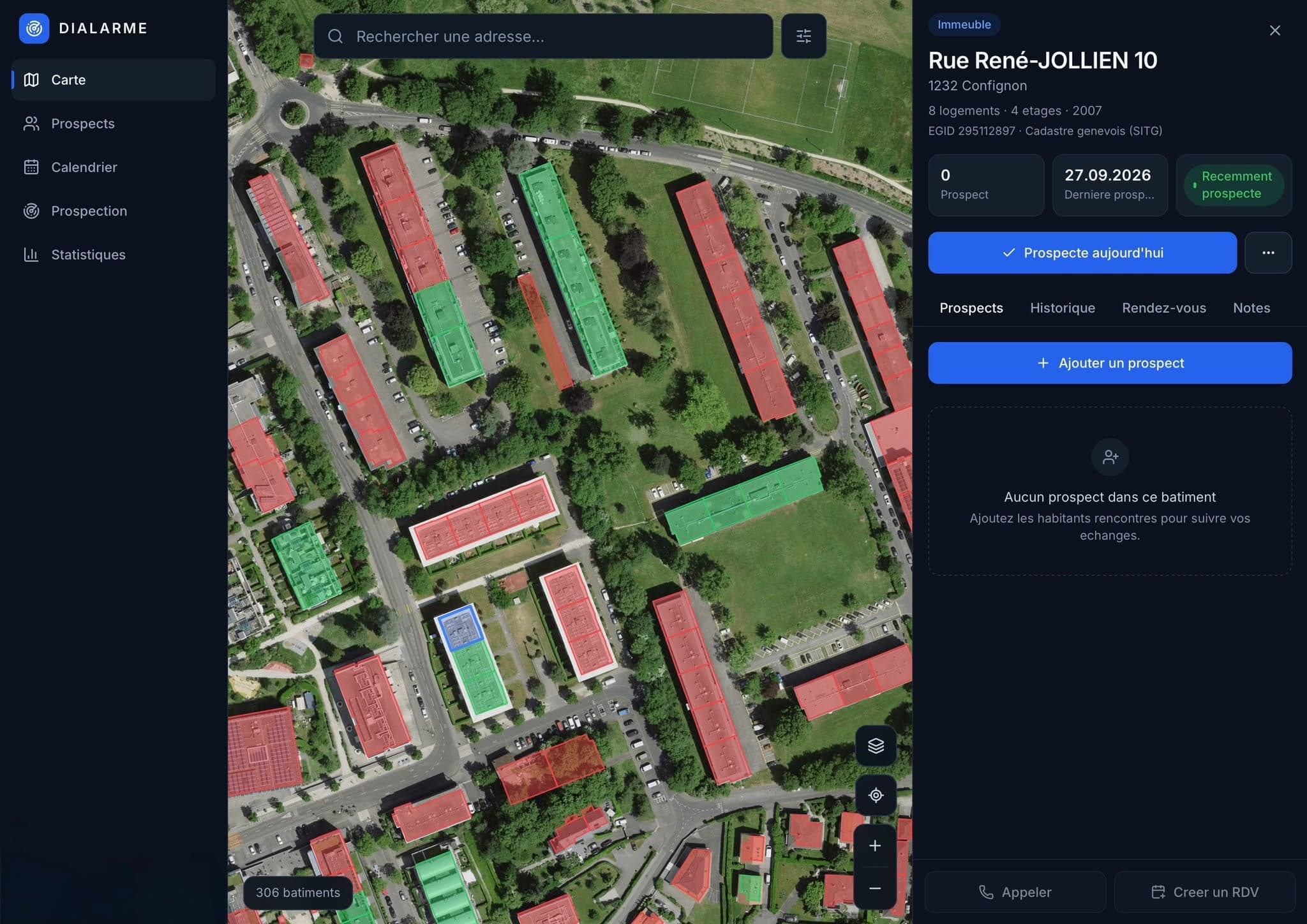 Dialarme : fiche d’un immeuble sur la carte, avec son statut de prospection