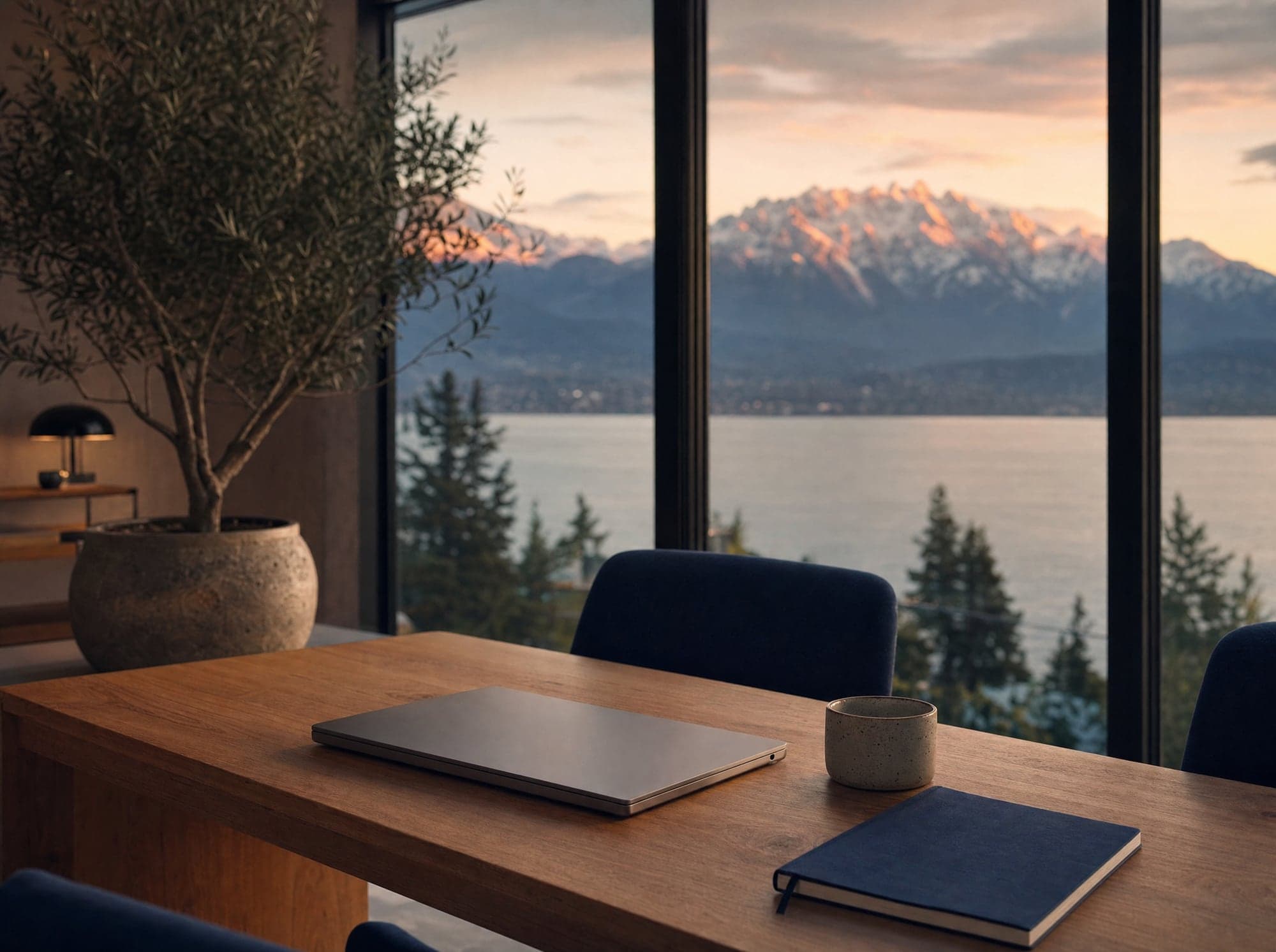 Bureau du studio ORYXIA face au lac Léman et aux Alpes au crépuscule